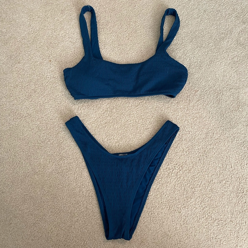 Aerie smocked blue bikini, top & bottom both L